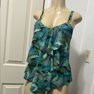 Tropical Green Leaf Print  Layered Tankini Top size 12